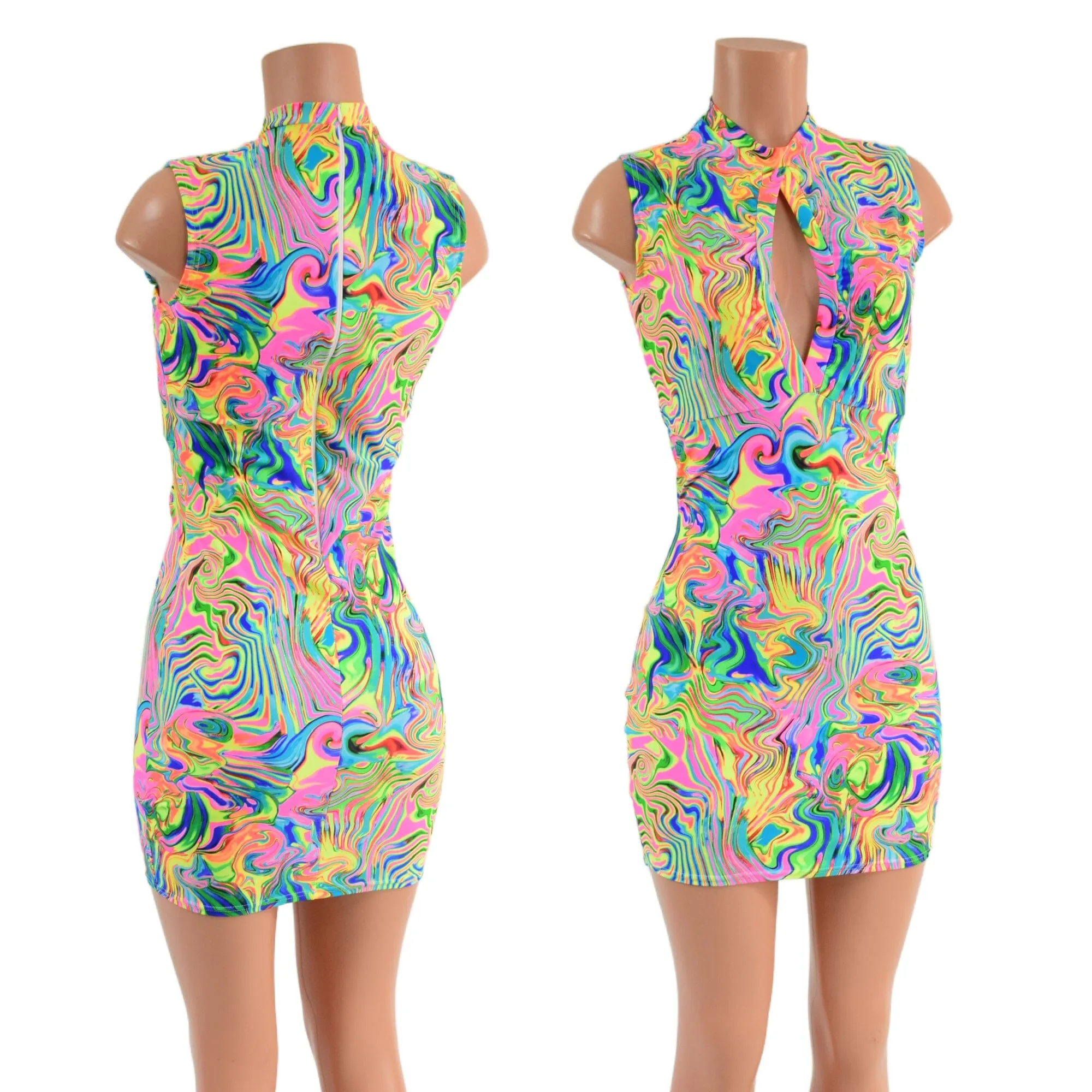 Neon Flux Bodycon Sleeveless Dress with Keyhole Neckline and Back Zipper