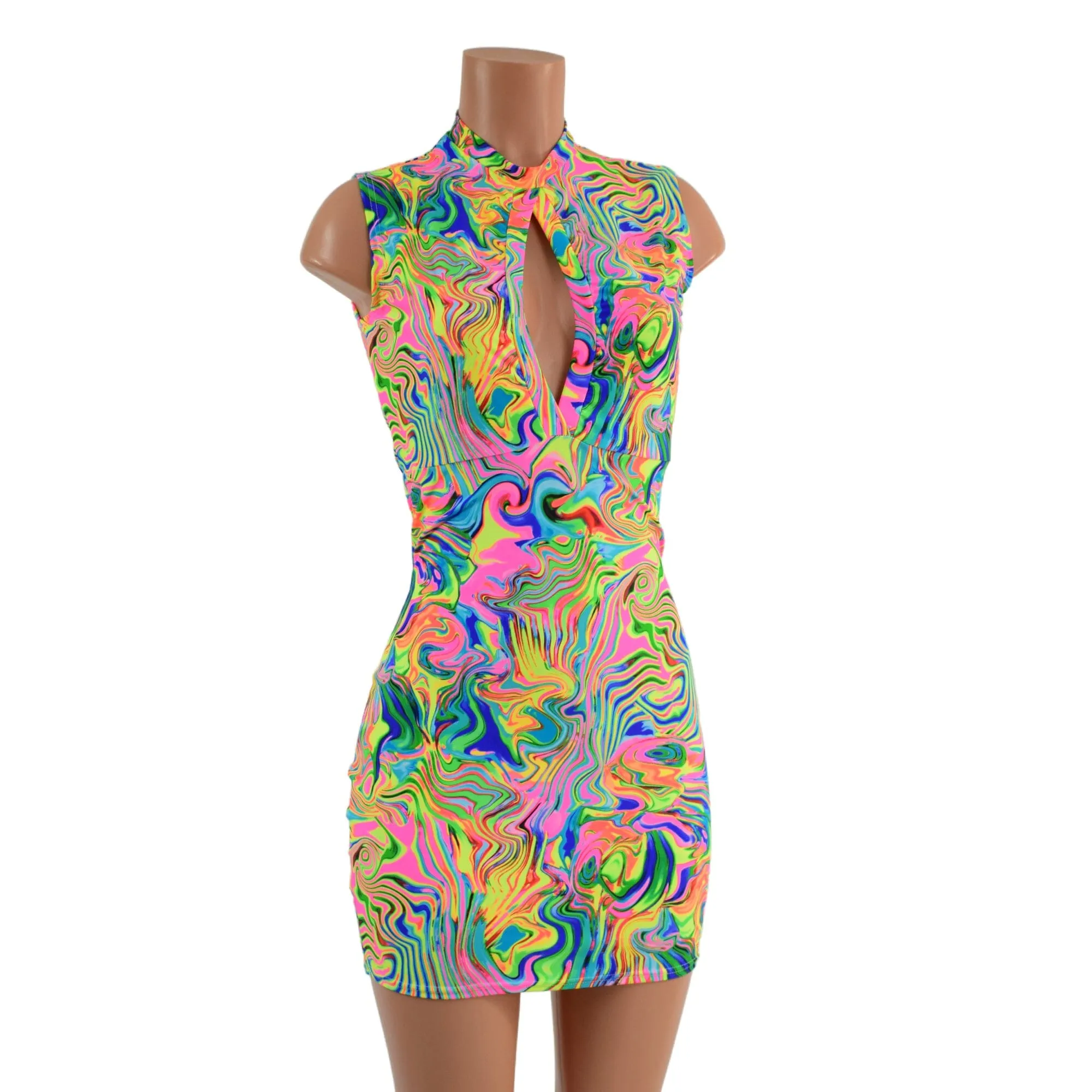 Neon Flux Bodycon Sleeveless Dress with Keyhole Neckline and Back Zipper