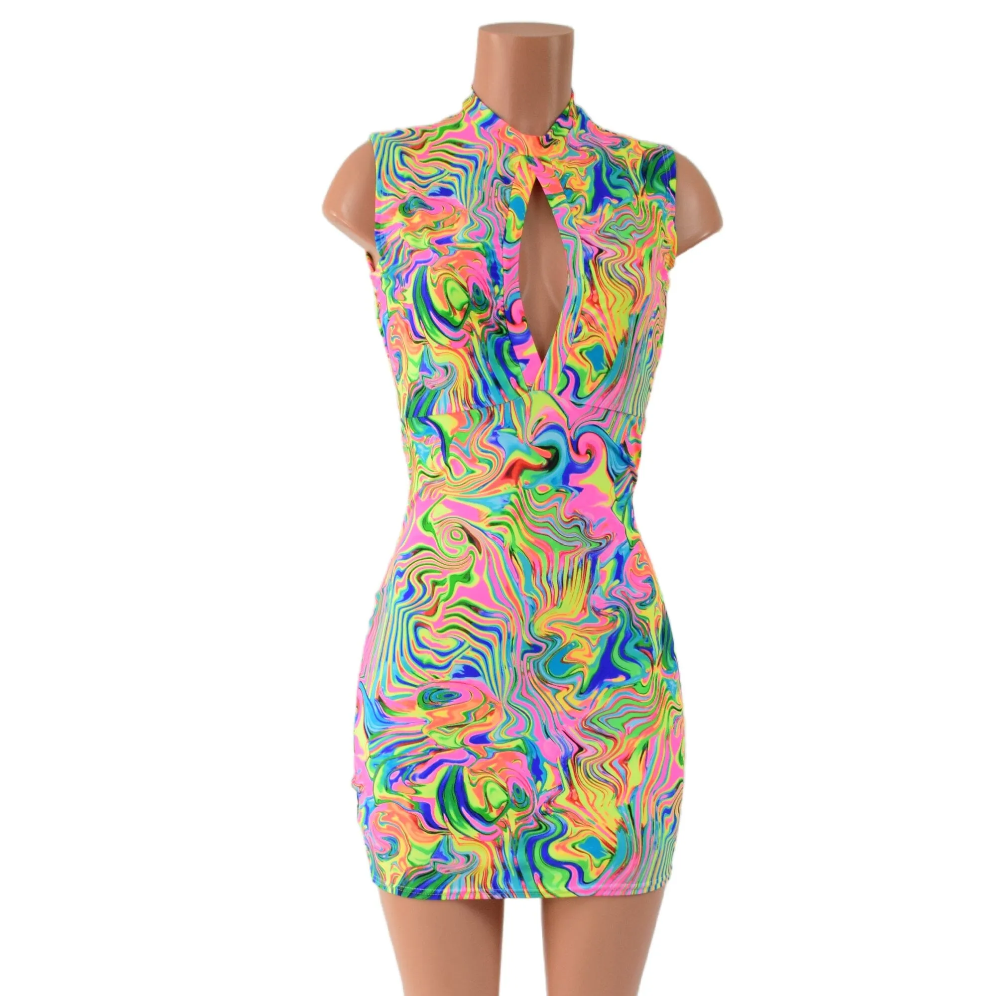 Neon Flux Bodycon Sleeveless Dress with Keyhole Neckline and Back Zipper