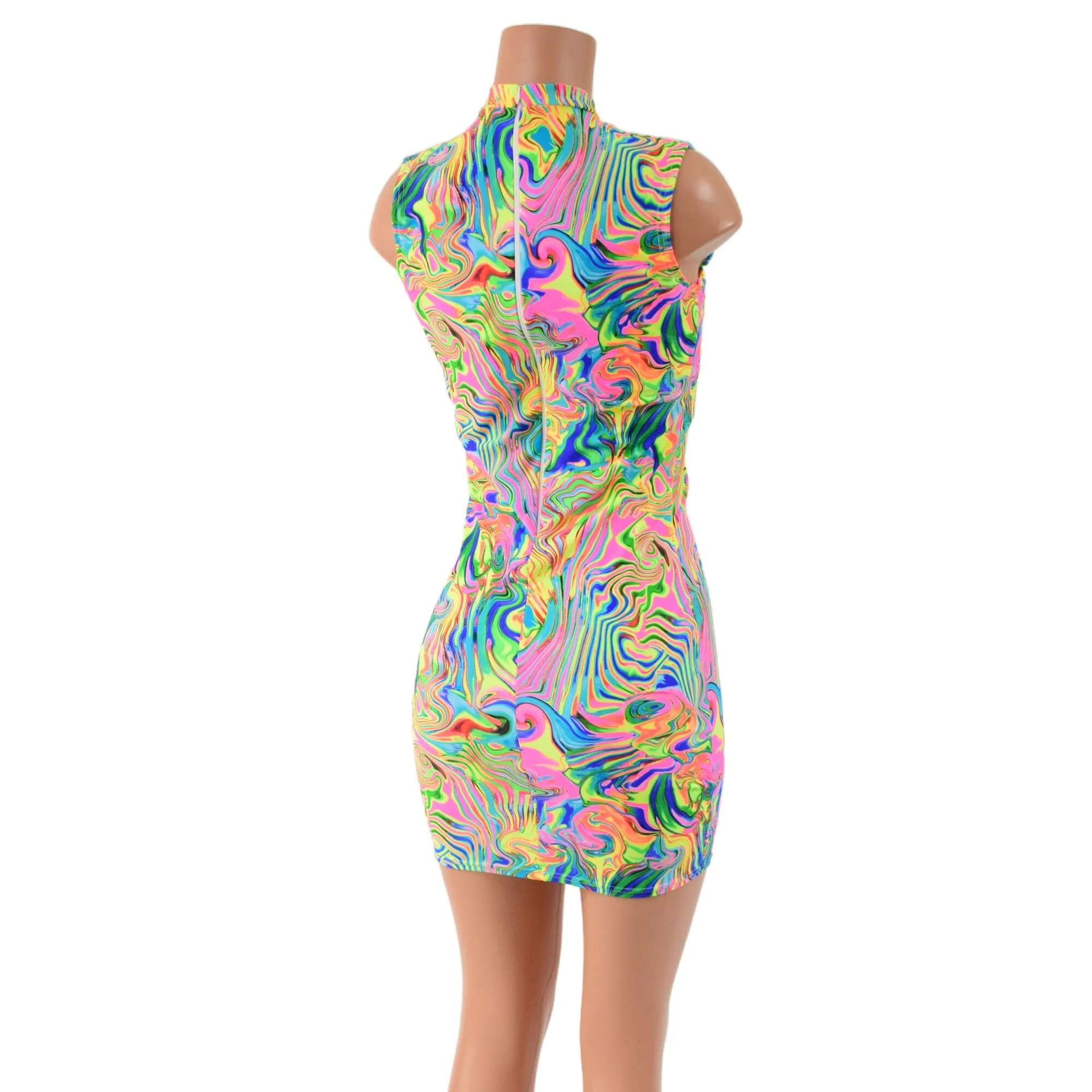 Neon Flux Bodycon Sleeveless Dress with Keyhole Neckline and Back Zipper