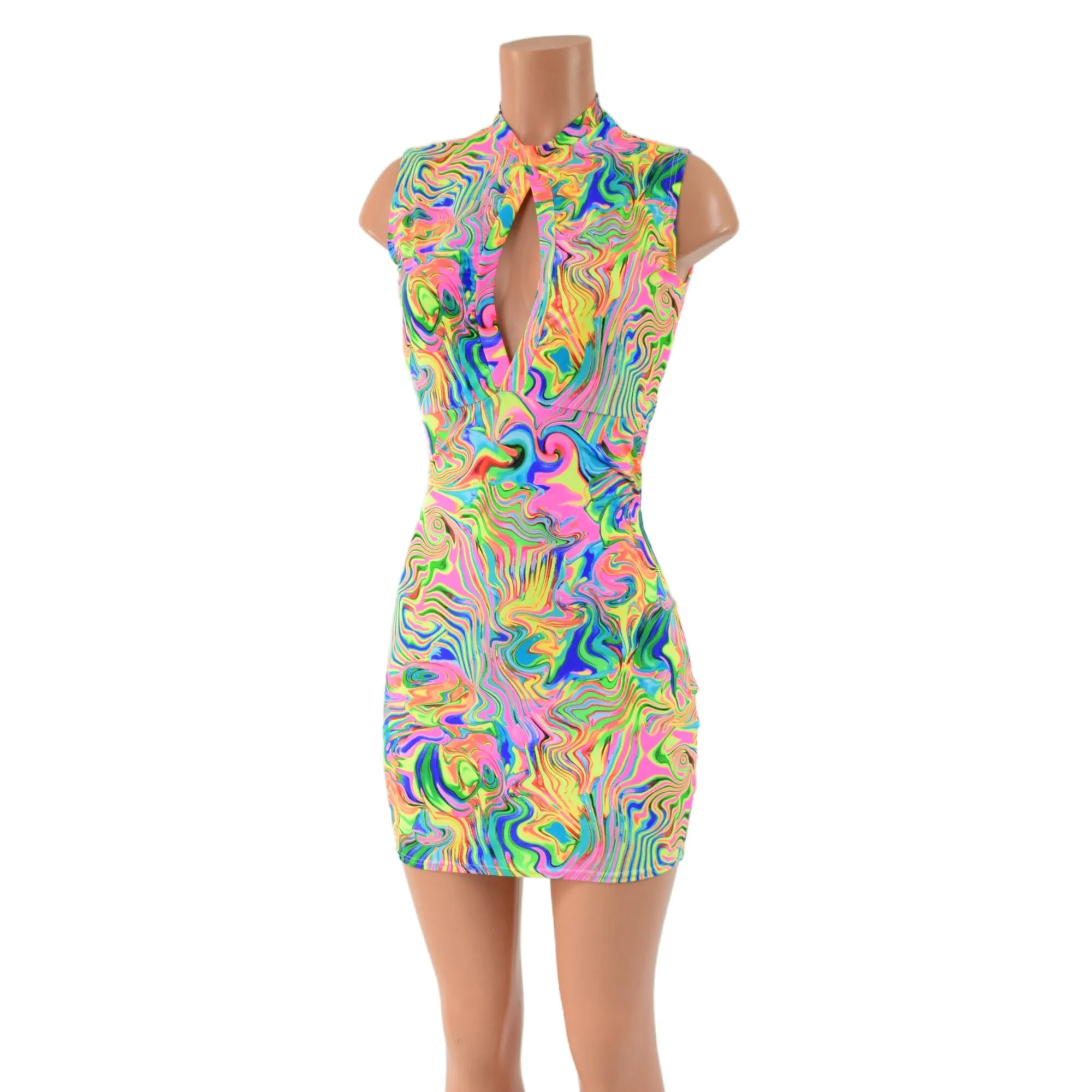 Neon Flux Bodycon Sleeveless Dress with Keyhole Neckline and Back Zipper