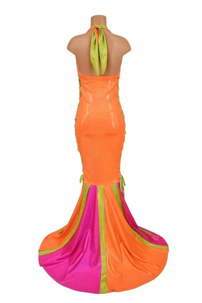 Neon Lace Up Halter Gown