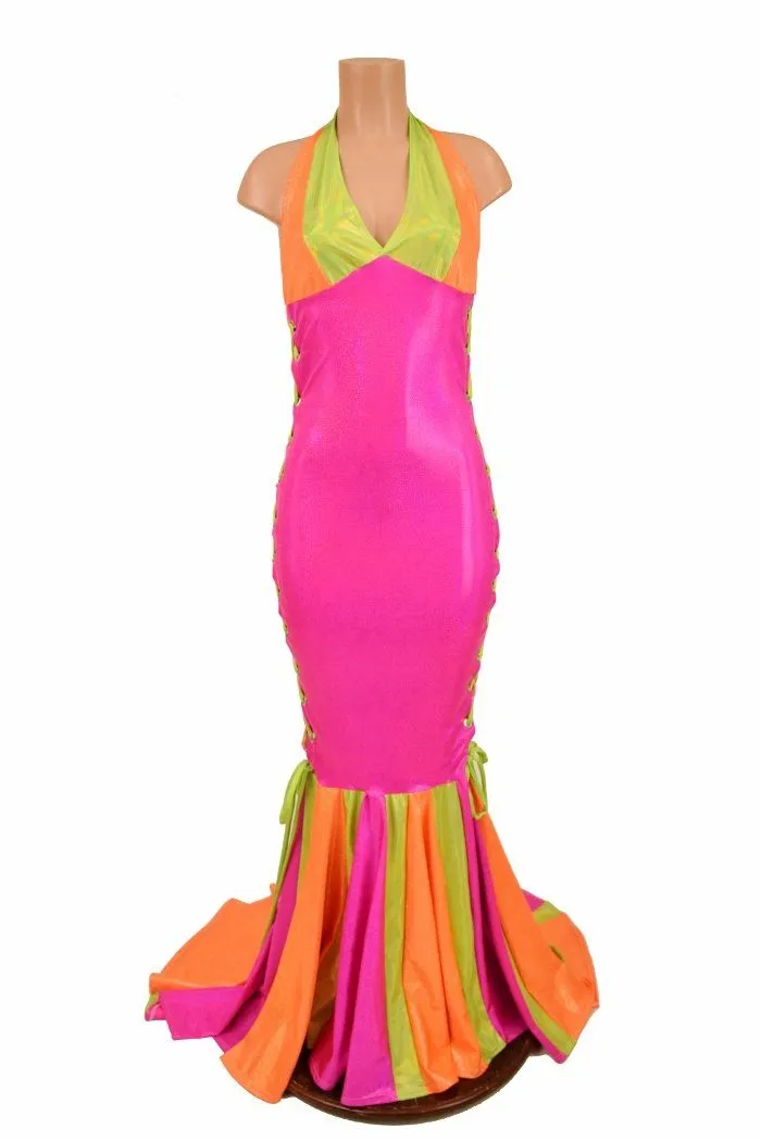 Neon Lace Up Halter Gown