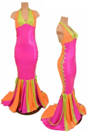 Neon Lace Up Halter Gown