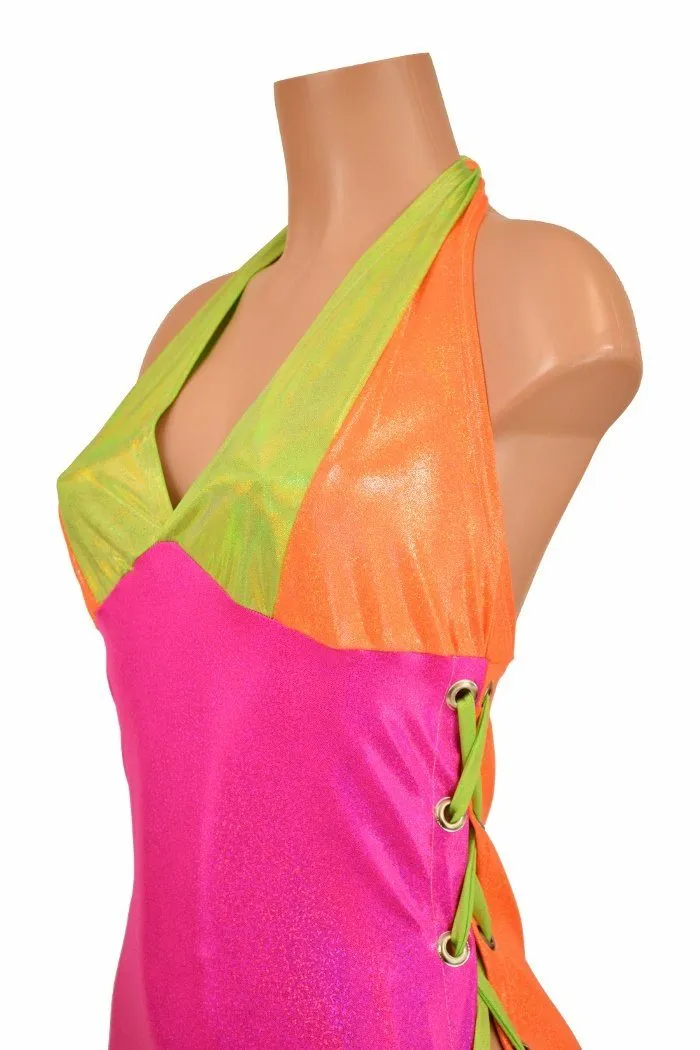 Neon Lace Up Halter Gown