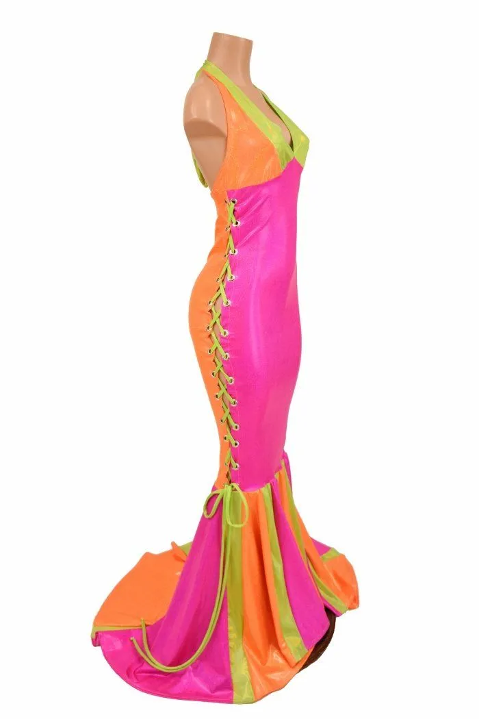 Neon Lace Up Halter Gown