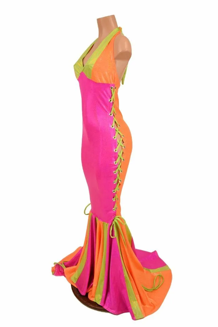 Neon Lace Up Halter Gown