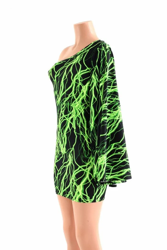 Neon Lightning One Shoulder Fan Sleeve Dress