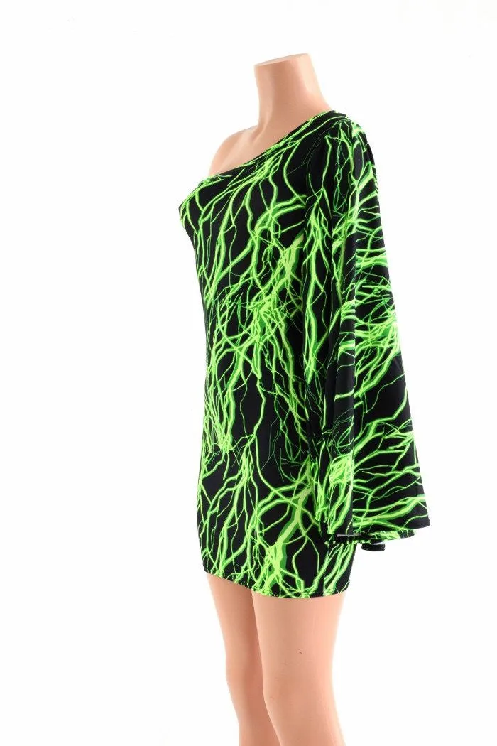 Neon Lightning One Shoulder Fan Sleeve Dress