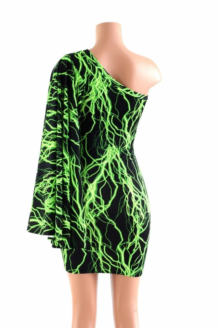 Neon Lightning One Shoulder Fan Sleeve Dress