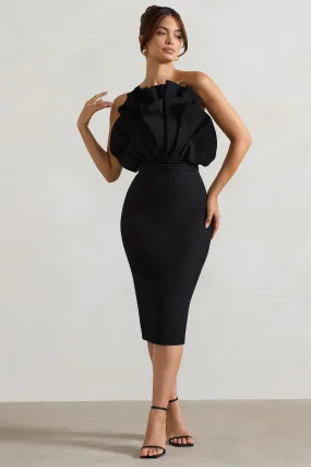 Oria | Black Ruffled Strapless Midi Dress