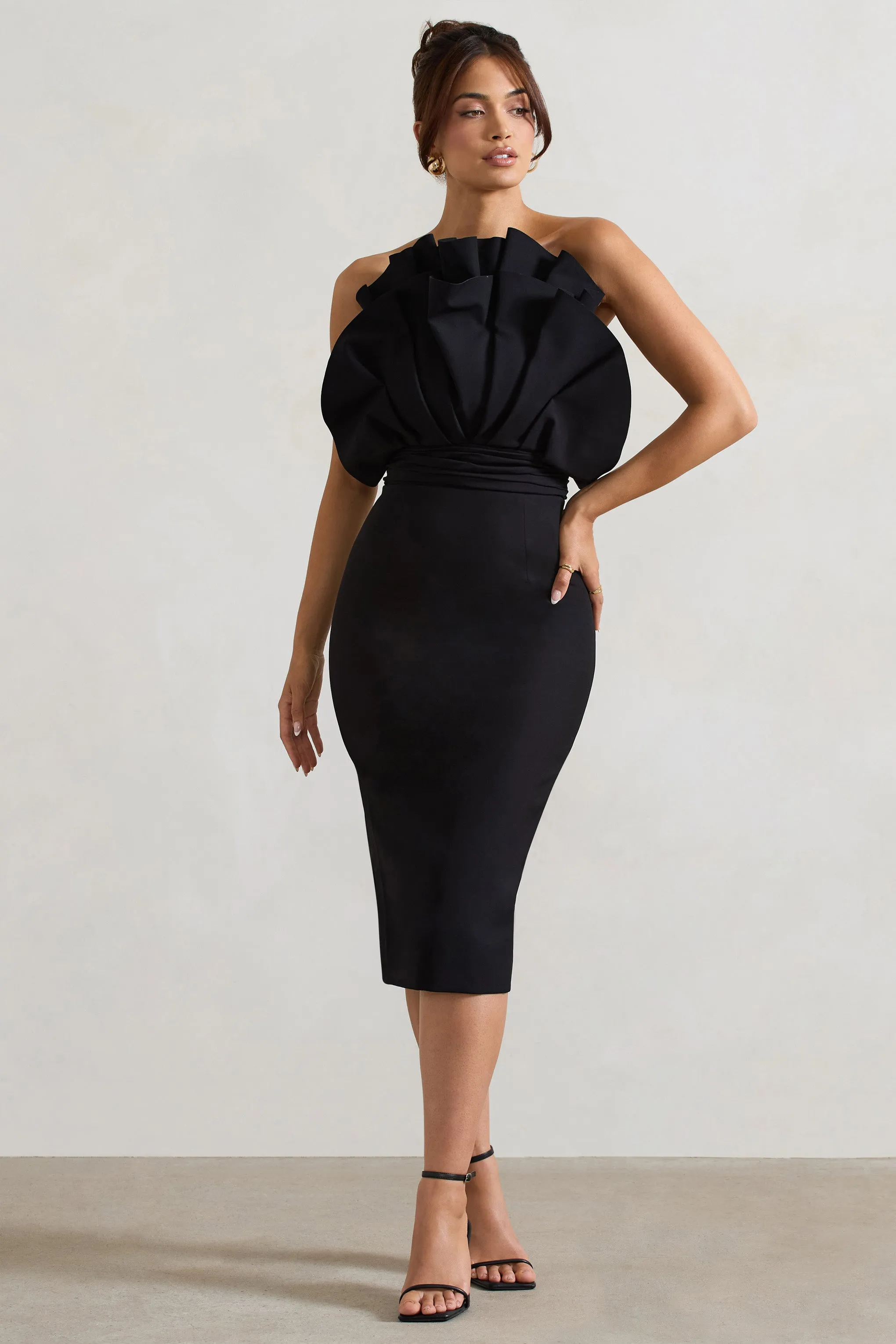 Oria | Black Ruffled Strapless Midi Dress