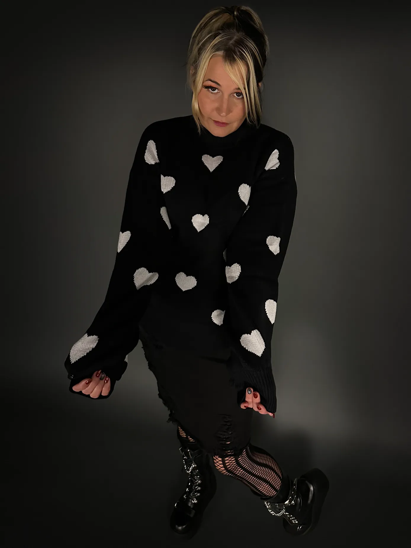 Oversized Black Crew Neck Sweater with White Hearts