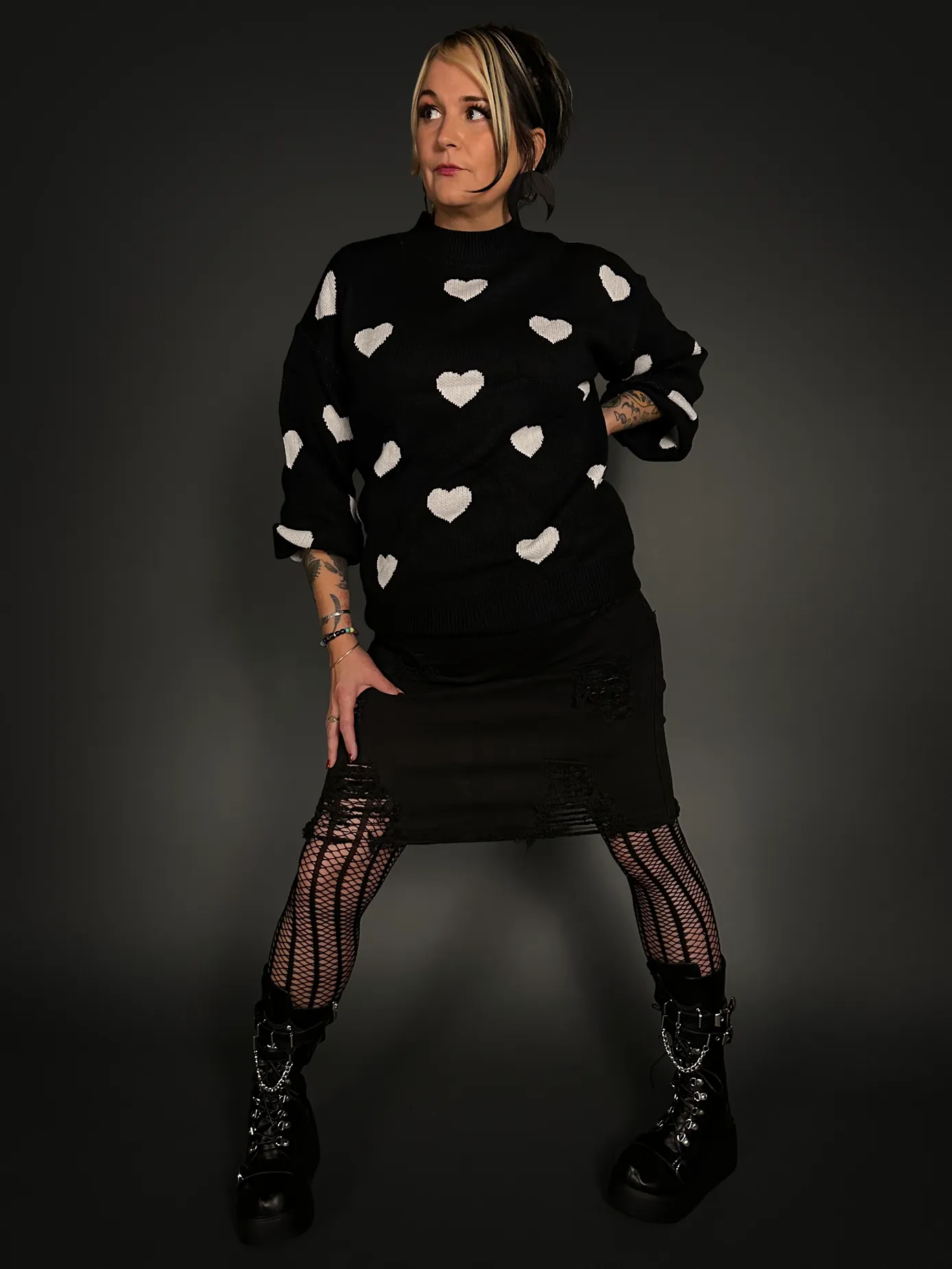 Oversized Black Crew Neck Sweater with White Hearts