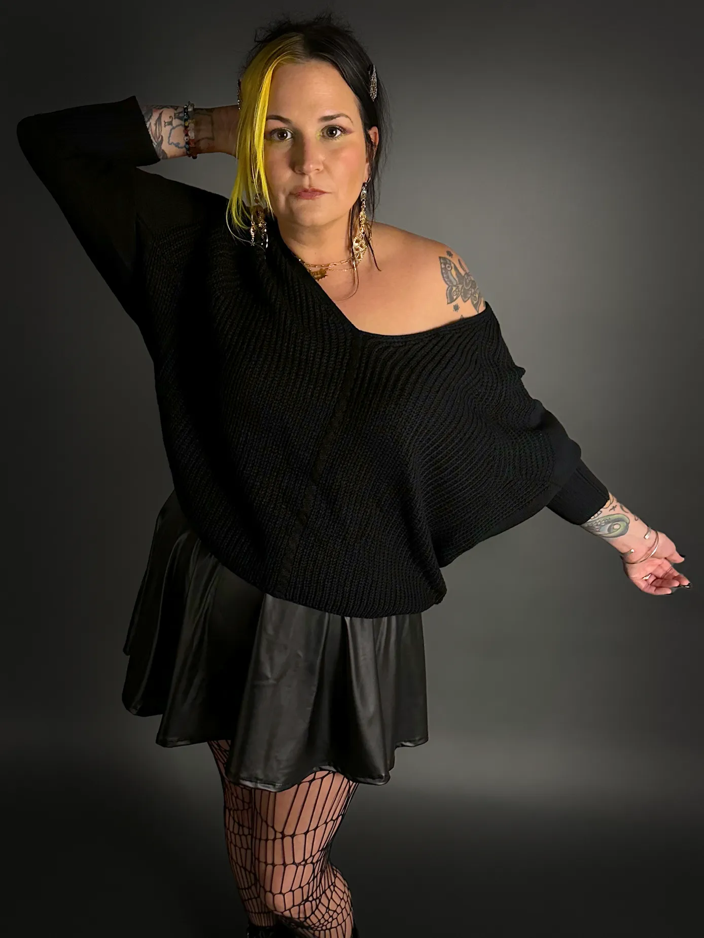 Oversized Dolman Batwing Sleeve Sweater with Drop V-Neck in Black