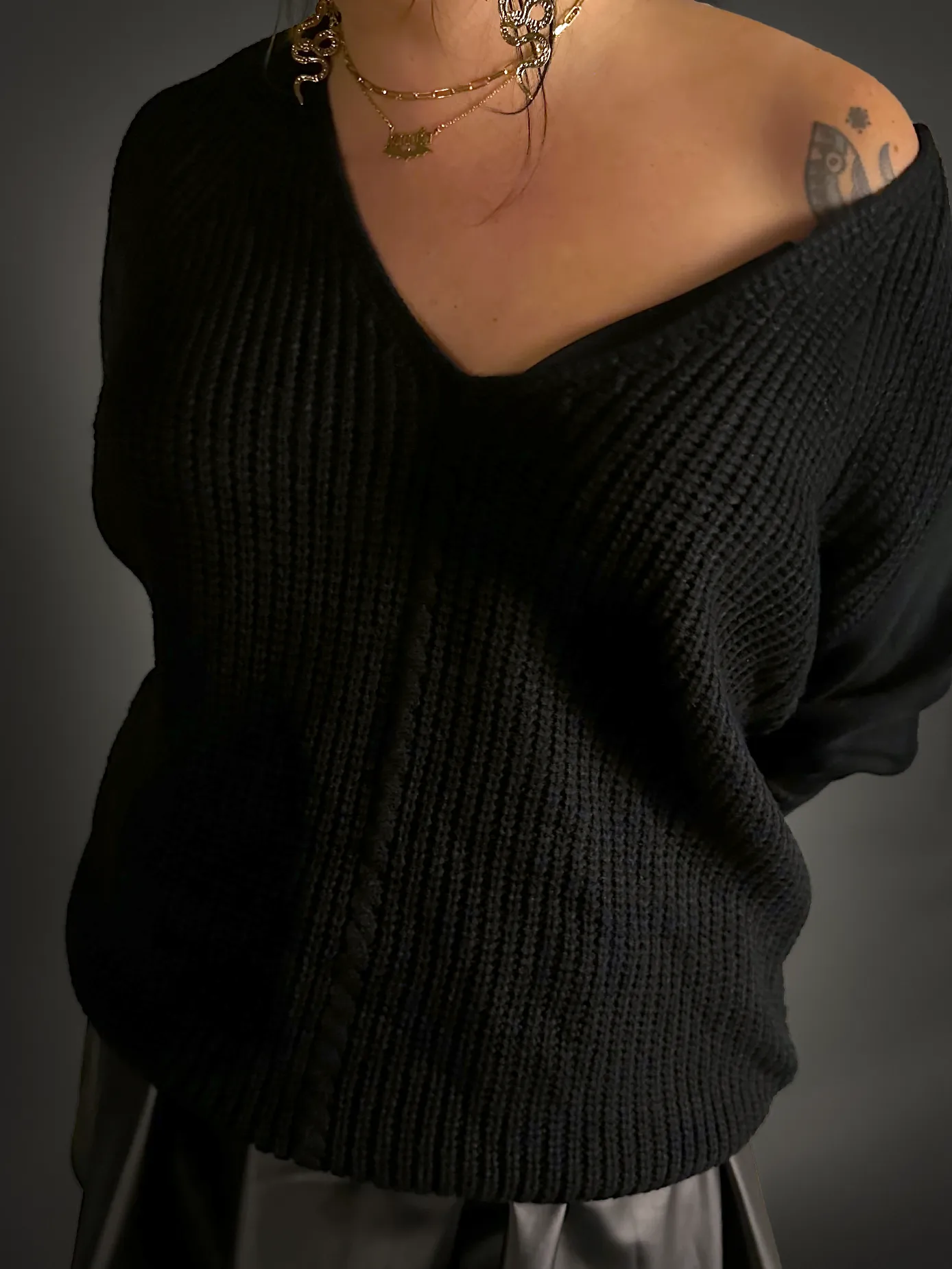 Oversized Dolman Batwing Sleeve Sweater with Drop V-Neck in Black