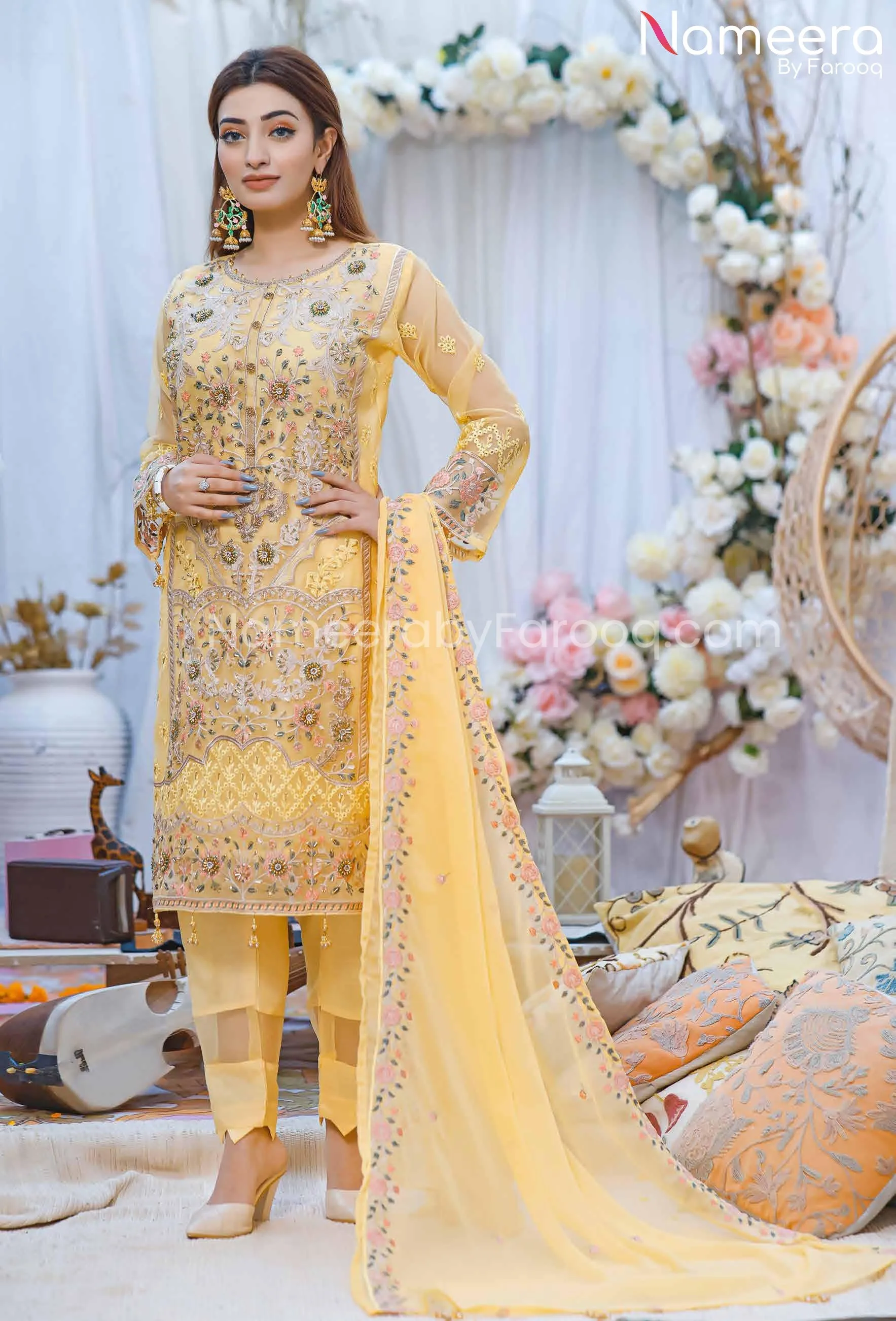 Pakistani Traditional Dress in Yellow Shade #PF245