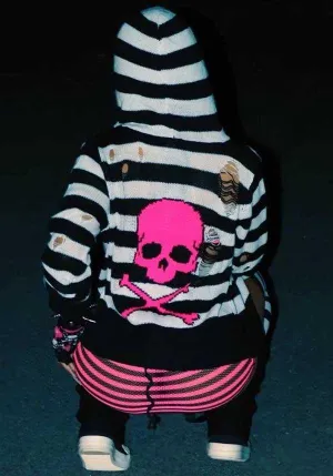 Pink Skull Striped Zip Up | CARDIGAN SWEATER