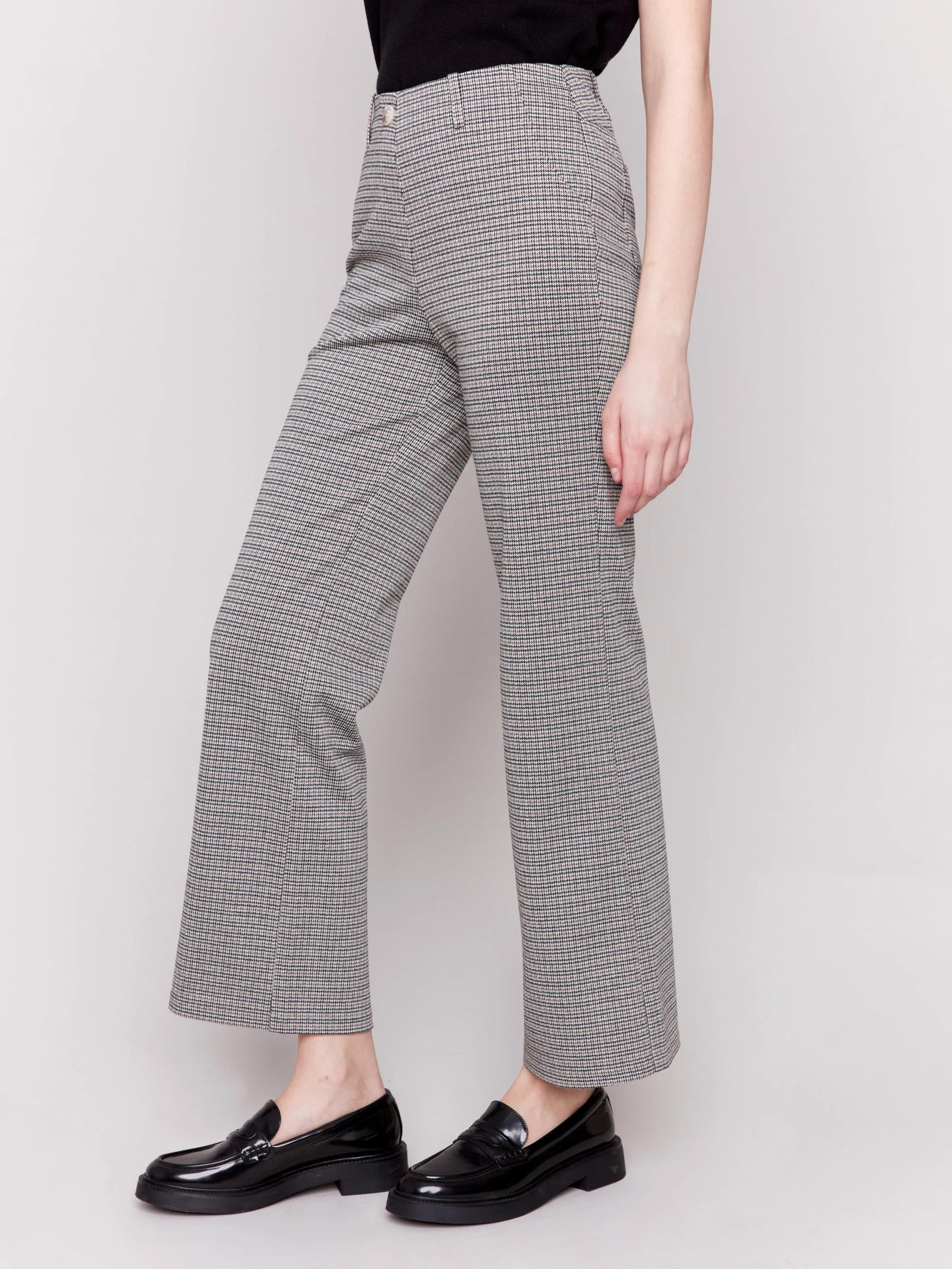 Plaid Ponte Pull-On Flare Pants - Truffle