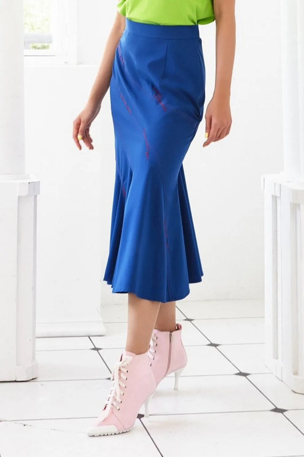 Pre-Order NAVY BLUE ANTIMICROBIAL FABRIC WITH STYLIZED TOP STITCHING - PANELLED FITTED FLARED SKIRT - BLUE