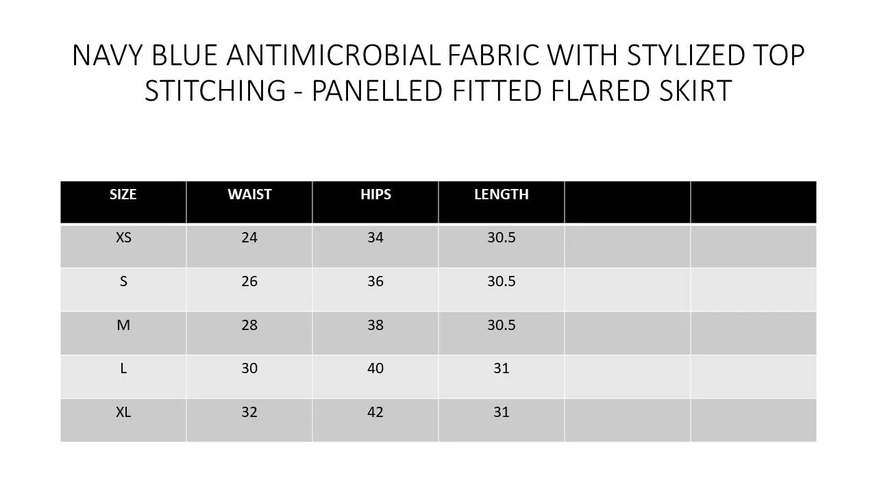 Pre-Order NAVY BLUE ANTIMICROBIAL FABRIC WITH STYLIZED TOP STITCHING - PANELLED FITTED FLARED SKIRT - BLUE