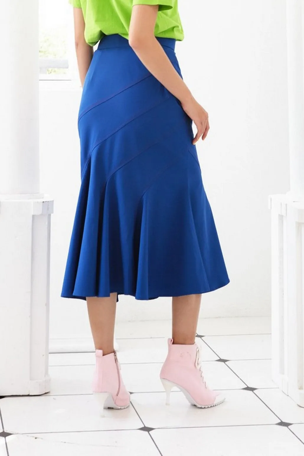 Pre-Order NAVY BLUE ANTIMICROBIAL FABRIC WITH STYLIZED TOP STITCHING - PANELLED FITTED FLARED SKIRT - BLUE