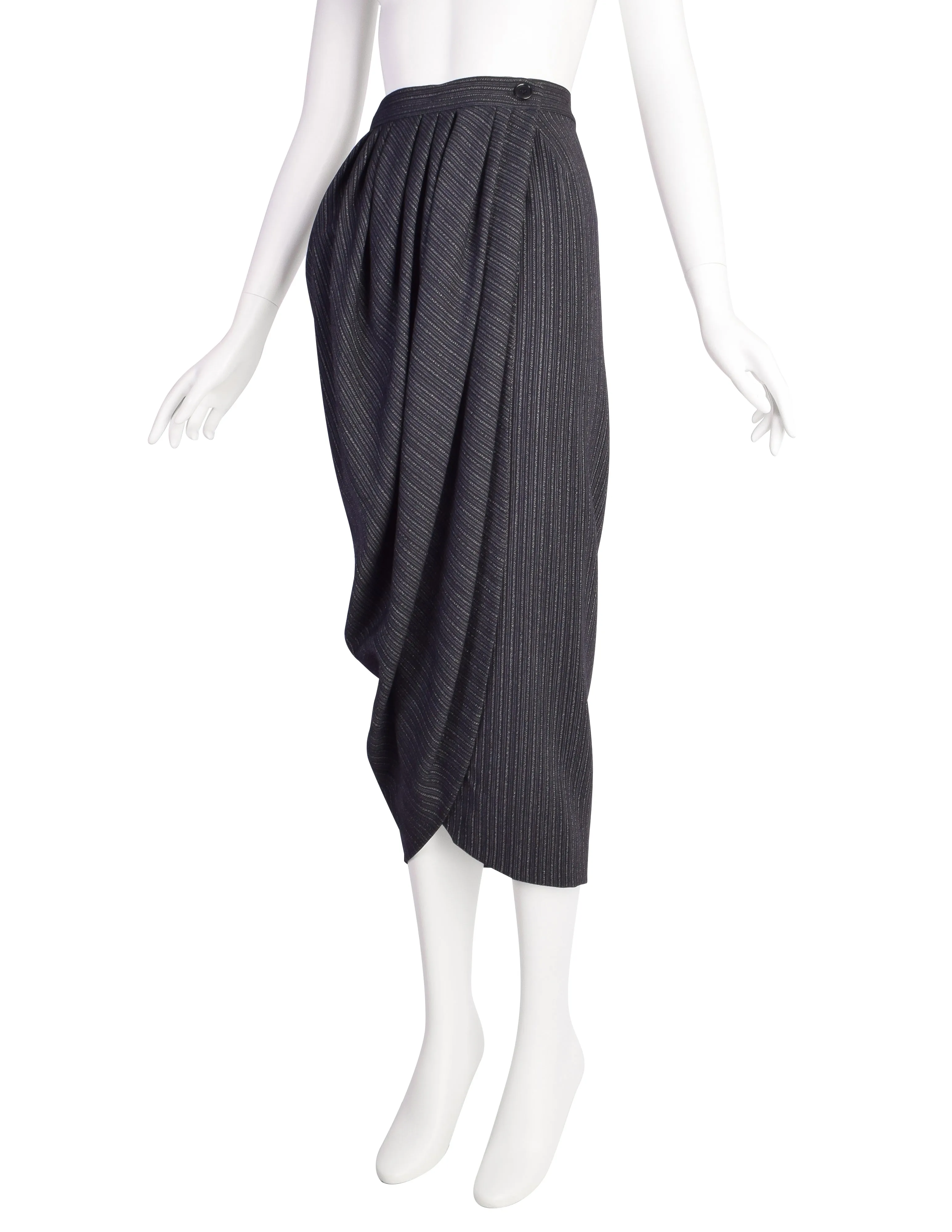 Romeo Gigli Vintage AW1994 Deepest Navy Wool Striped Draping Tulip Skirt