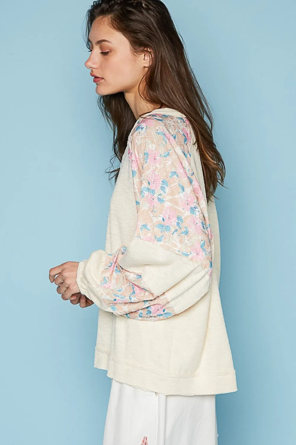 Round Neck Balloon Floral Long Sleeve Top