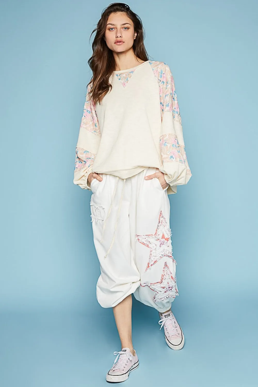 Round Neck Balloon Floral Long Sleeve Top