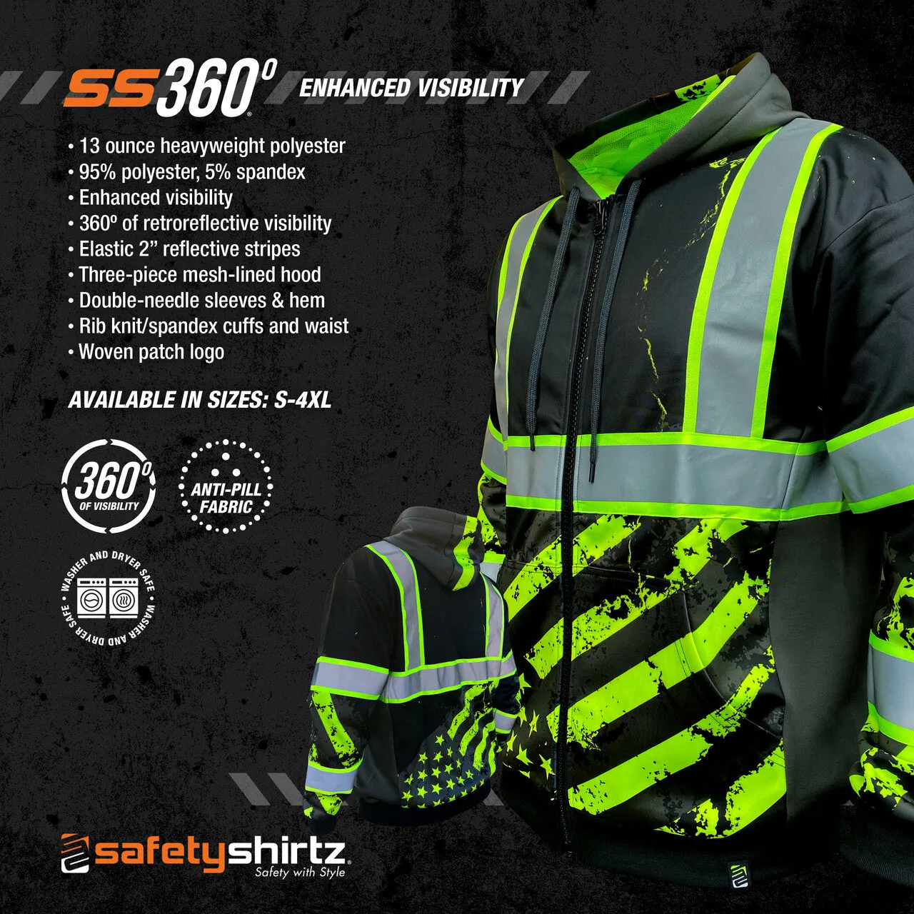 SafetyShirtz - SS360º Enhanced Visibility American Grit Stealth Zip-Up Safety Hoodie