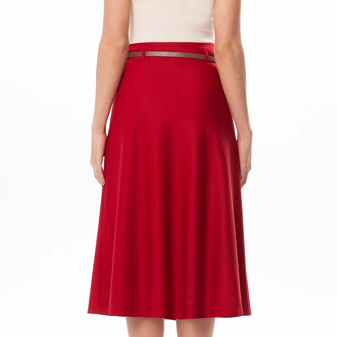 Semi Flare Knee Length Belted Skirt