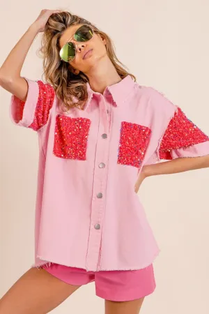 Sequin Detail Raw Hem Short Sleeve Shirt