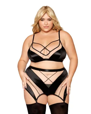 Sheer Panel Bralette, Garter Skirt, and G-String Set