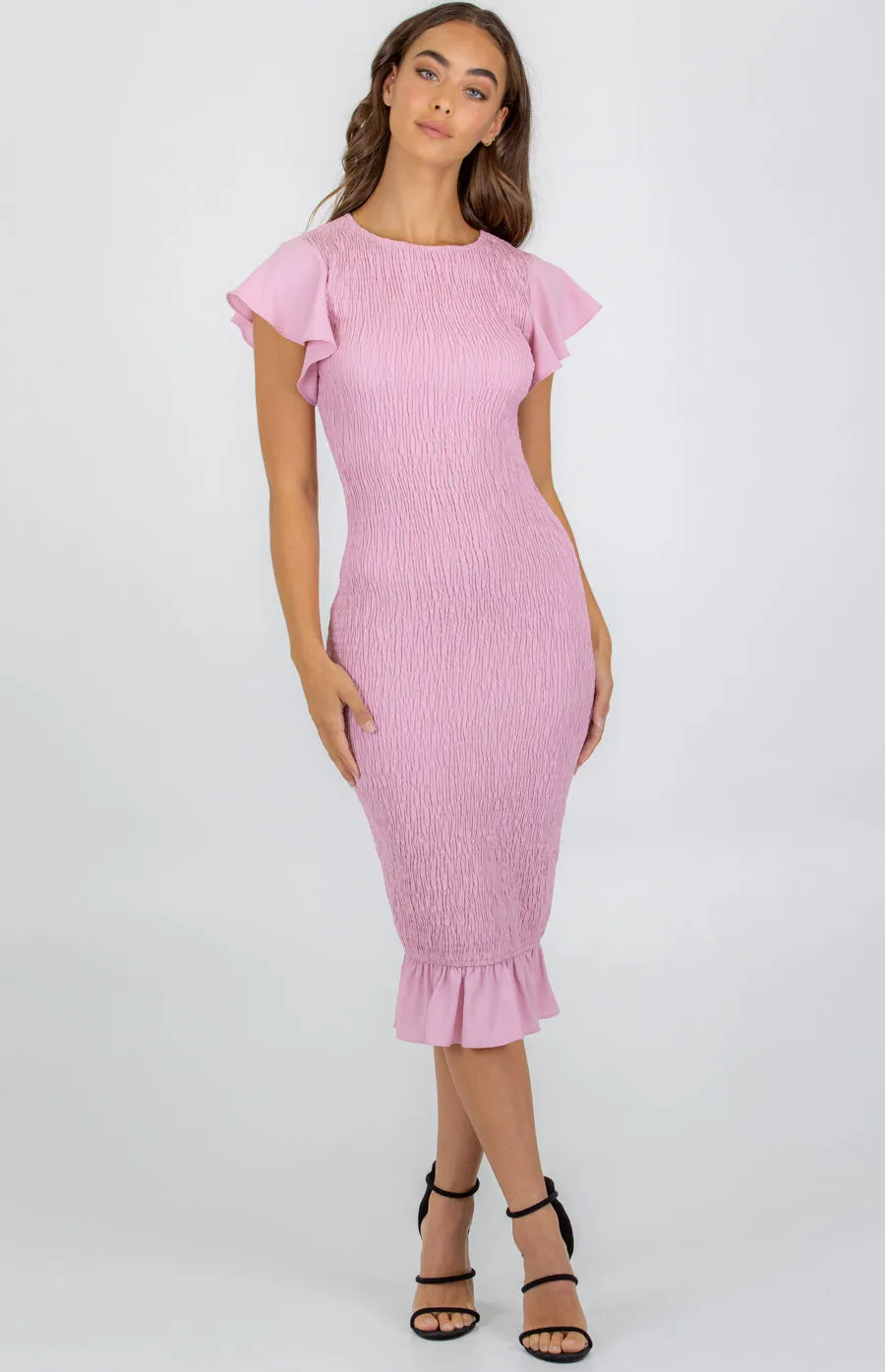 Shirred Midi Dress with  Butterfly Sleeve