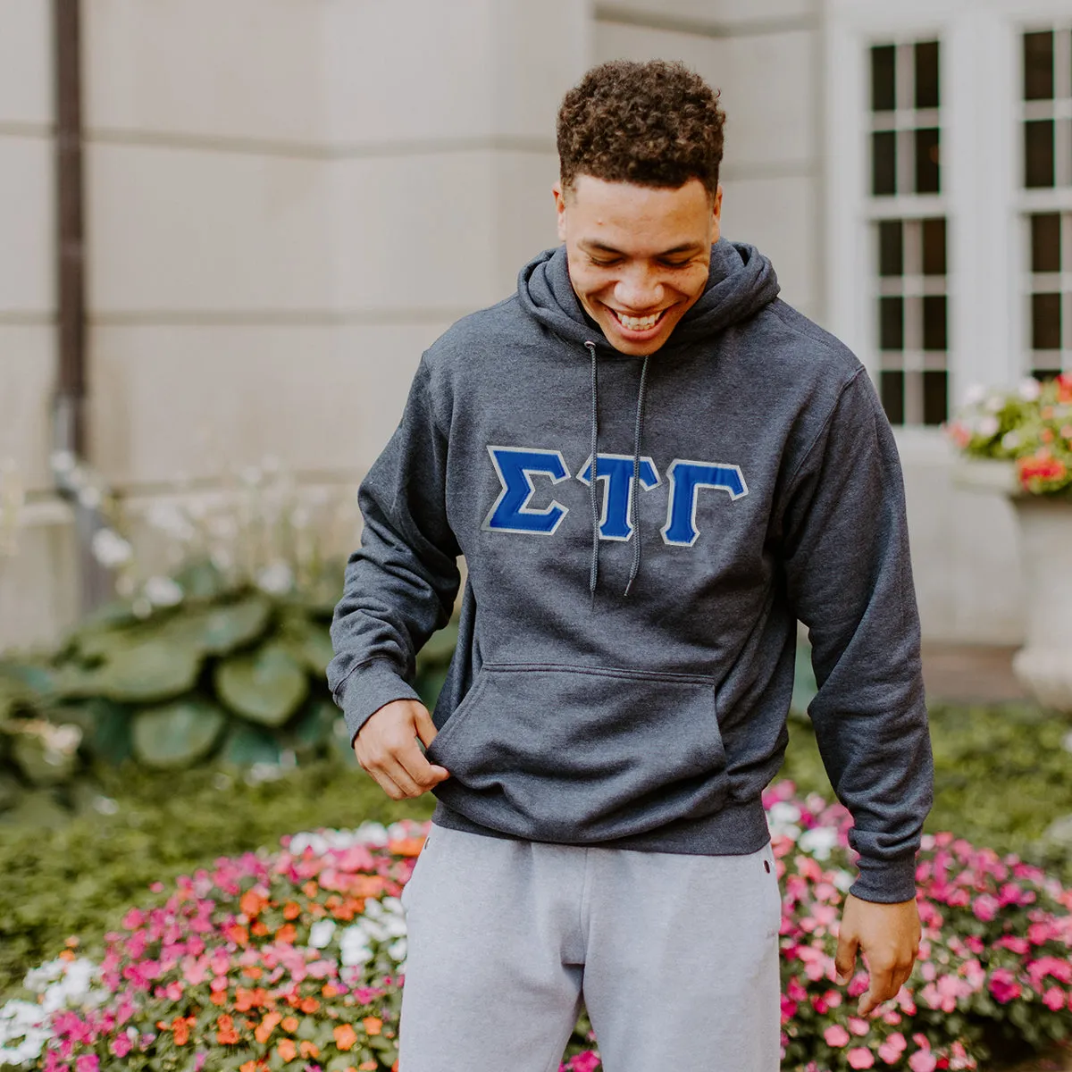 Sig Tau Dark Heather Hoodie with Sewn On Letters