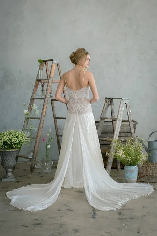 Silk Chiffon - Open Back Drop Waist A-Line Sheath Wedding Dress, Ivory