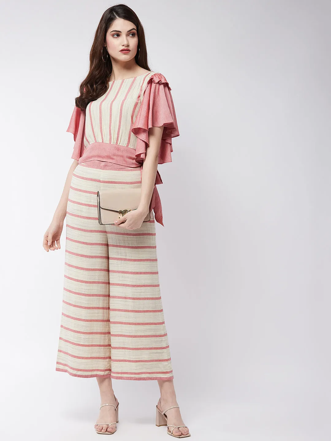 Soaked In Pastels Stripes Ruffle Top With Pants