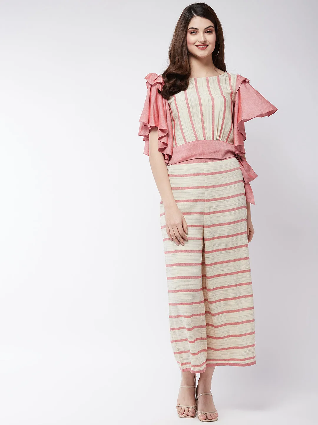 Soaked In Pastels Stripes Ruffle Top With Pants