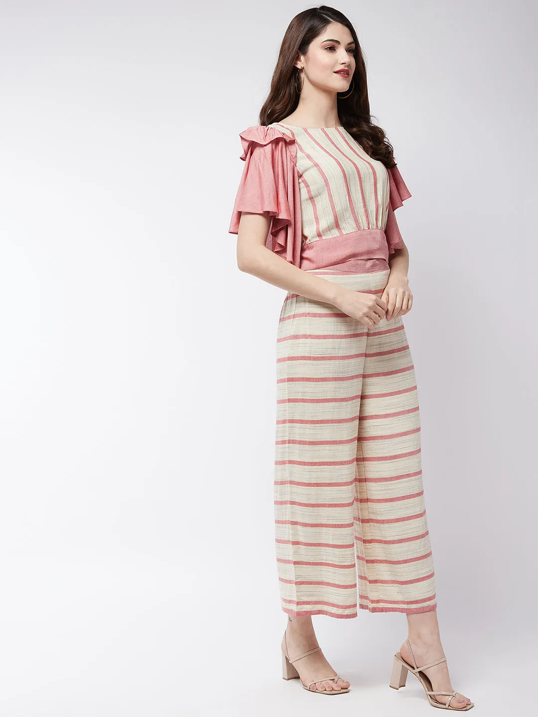 Soaked In Pastels Stripes Ruffle Top With Pants