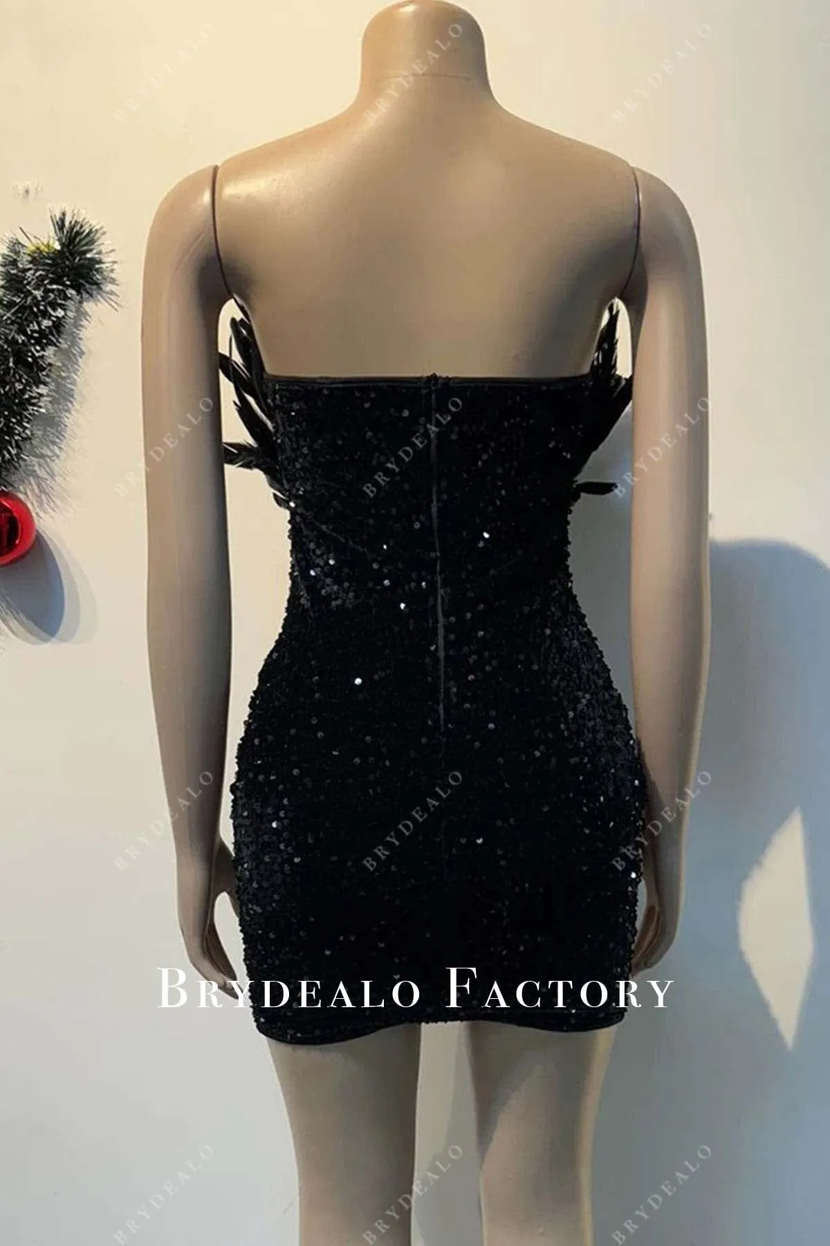 Sparkly Black Sequined Strapless Feathered Mini Dress