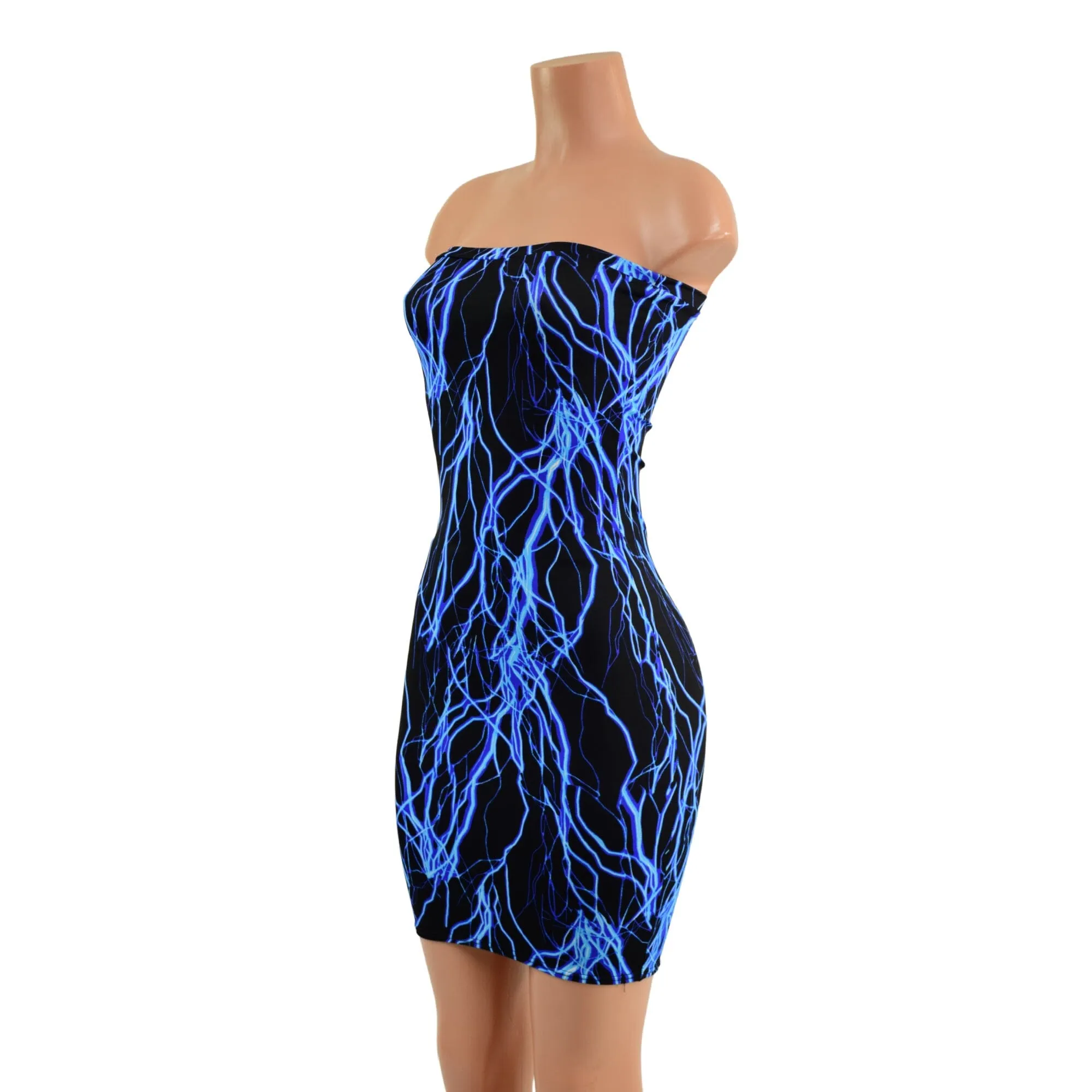 Strapless Neon UV Glow Blue Lightning Print Dress