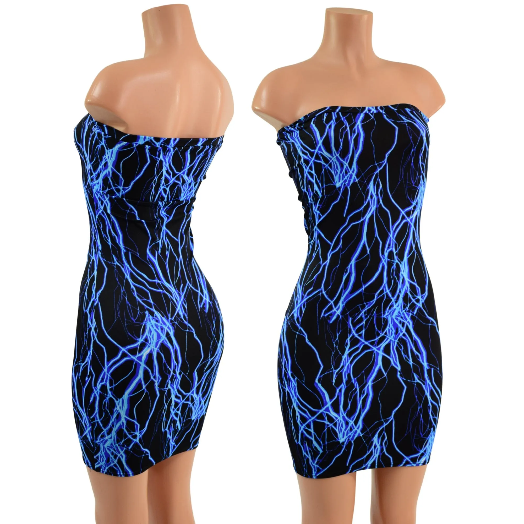 Strapless Neon UV Glow Blue Lightning Print Dress