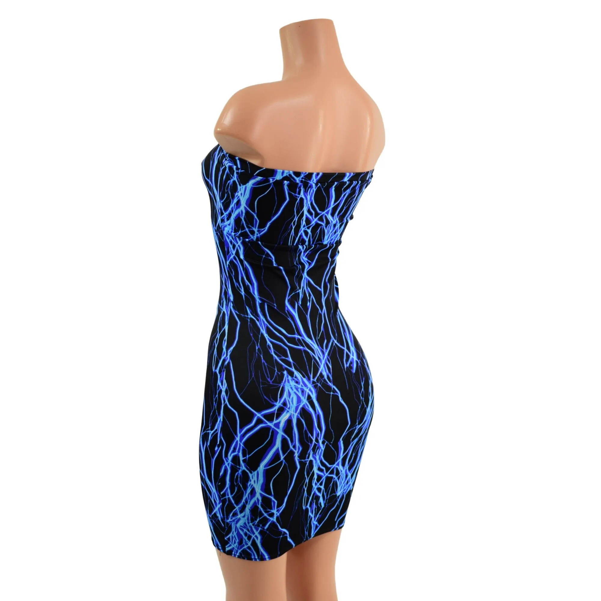 Strapless Neon UV Glow Blue Lightning Print Dress