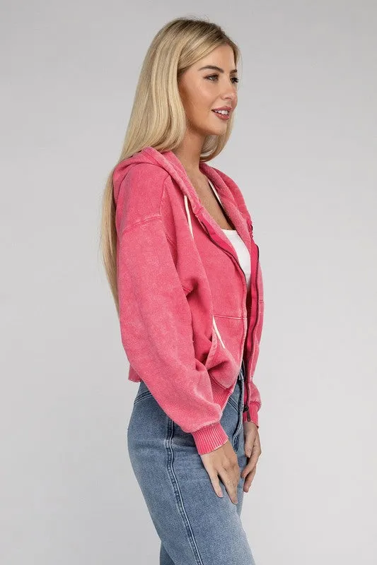 TEEK - Acid Wash Fleece Cropped Zip-Up Hoodie