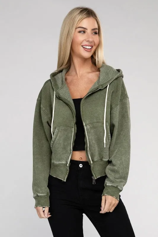 TEEK - Acid Wash Fleece Cropped Zip-Up Hoodie