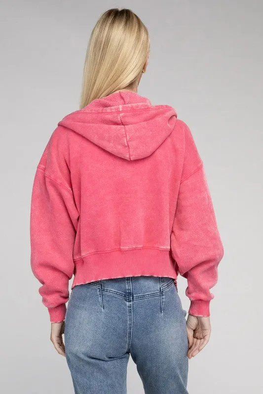 TEEK - Acid Wash Fleece Cropped Zip-Up Hoodie