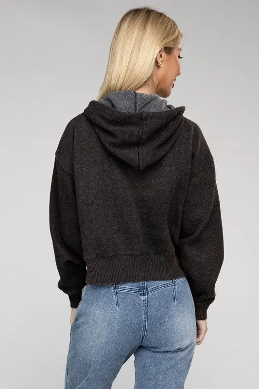 TEEK - Acid Wash Fleece Cropped Zip-Up Hoodie