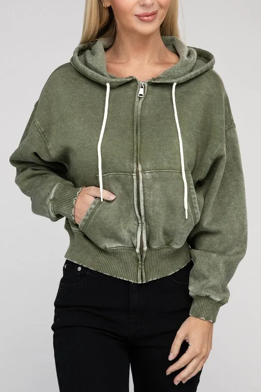 TEEK - Acid Wash Fleece Cropped Zip-Up Hoodie