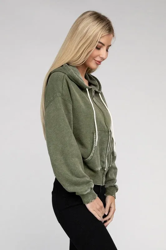 TEEK - Acid Wash Fleece Cropped Zip-Up Hoodie