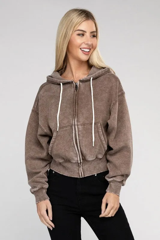 TEEK - Acid Wash Fleece Cropped Zip-Up Hoodie